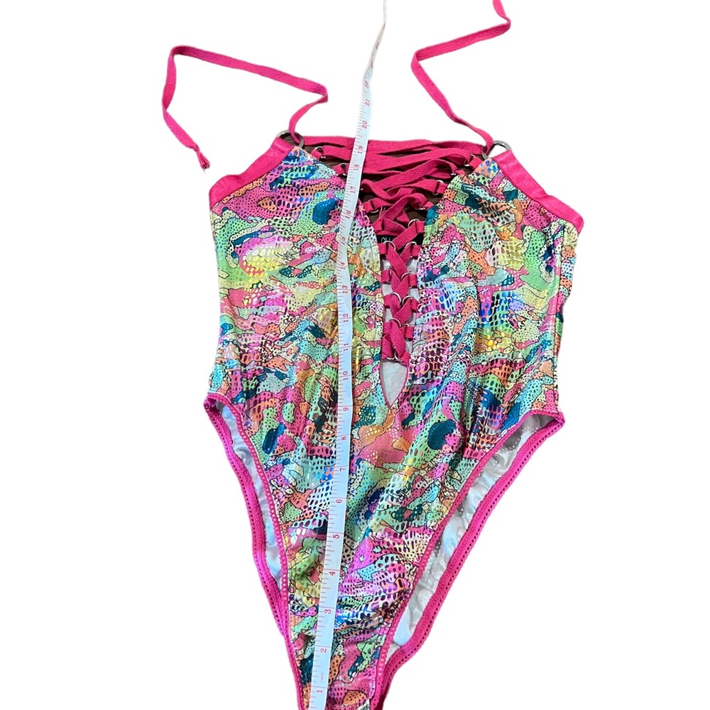 HTF Club Exx Hot Pink & Green Foil Lace Up Rivet Strappy Rave Halter Bodysuit - Picture 14 of 15
